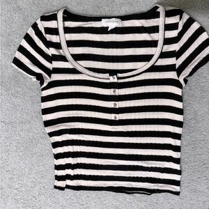 Treasure and Bond Striped Black and Cream Fitted CropTop